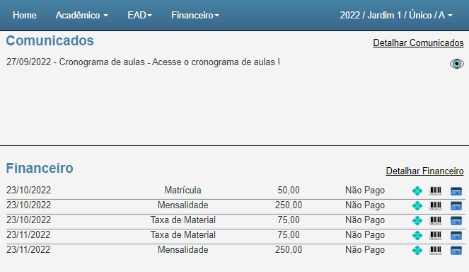 Figura 18. Painel dos alunos, geração de boletos bancários, pagamento via pix e cartão de crédito.