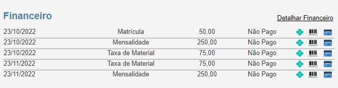 Figura 30. Possibilidade de pagamento por Pix, boleto bancário e cartão de crédito no painel dos responsáveis e dos alunos.