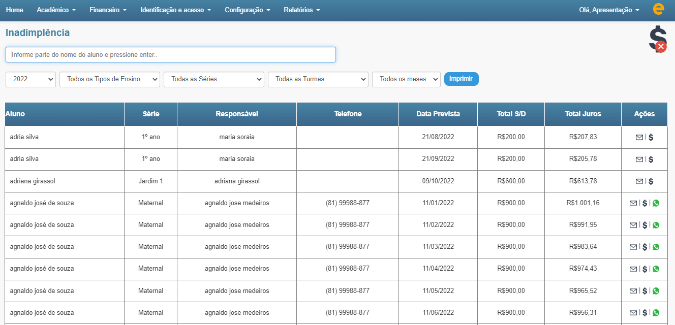 Figura 33. Software para escolas Software de Gestão Escolar devem fornecer visões sobre valores e alunos inadimplentes. 