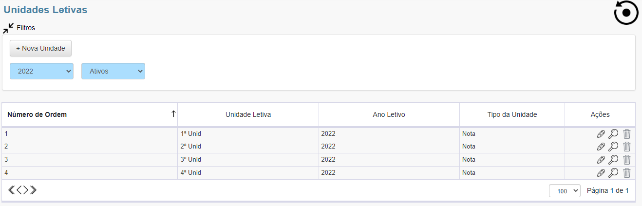 Figura 7. Software para escolas Software de Gestão Escolar. Unidades e marcos para o lançamento de notas e conceitos.