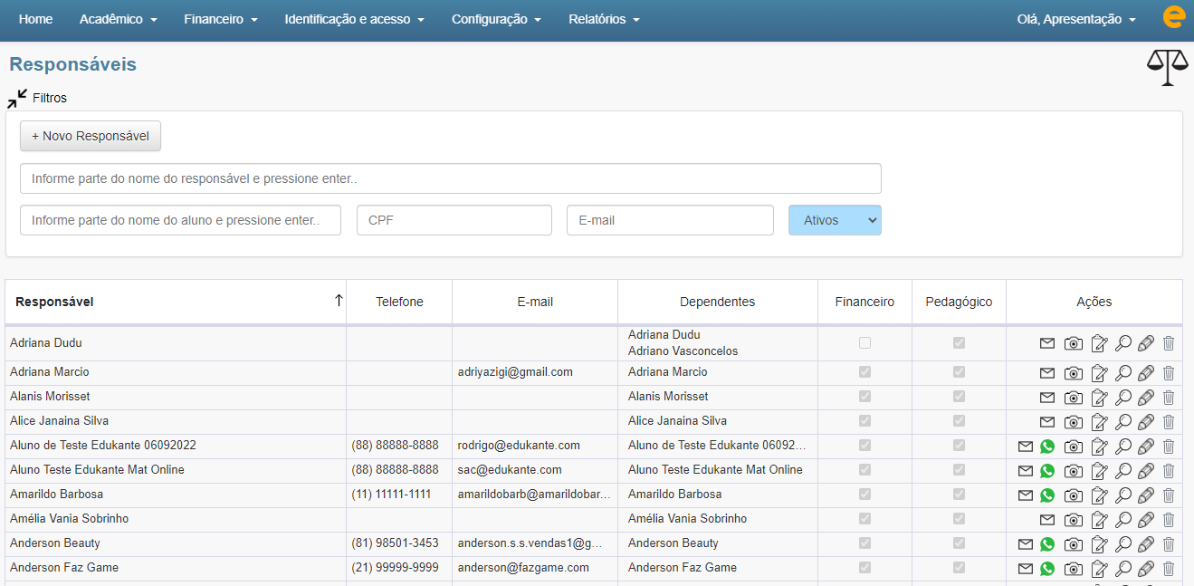 Figura 3. Software para escolas Software de Gestão Escolar. 
                                        Visão administrativa da gestão de responsáveis dos alunos.