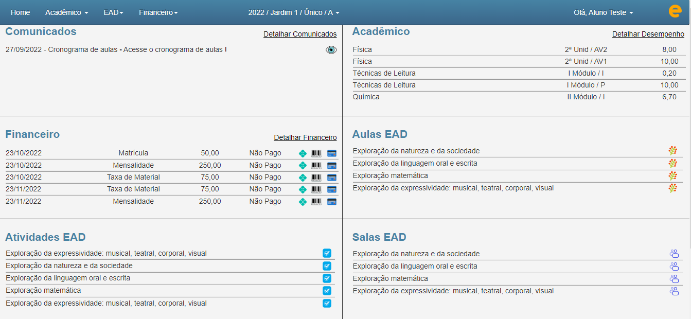 Figura 35. Software para escolas Software de Gestão Escolar, painel dos alunos. 