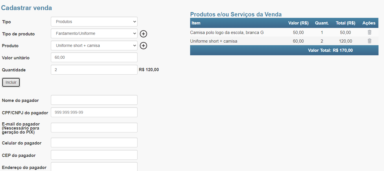 Figura 23. Criação de uma nova venda de produtos ou serviços.