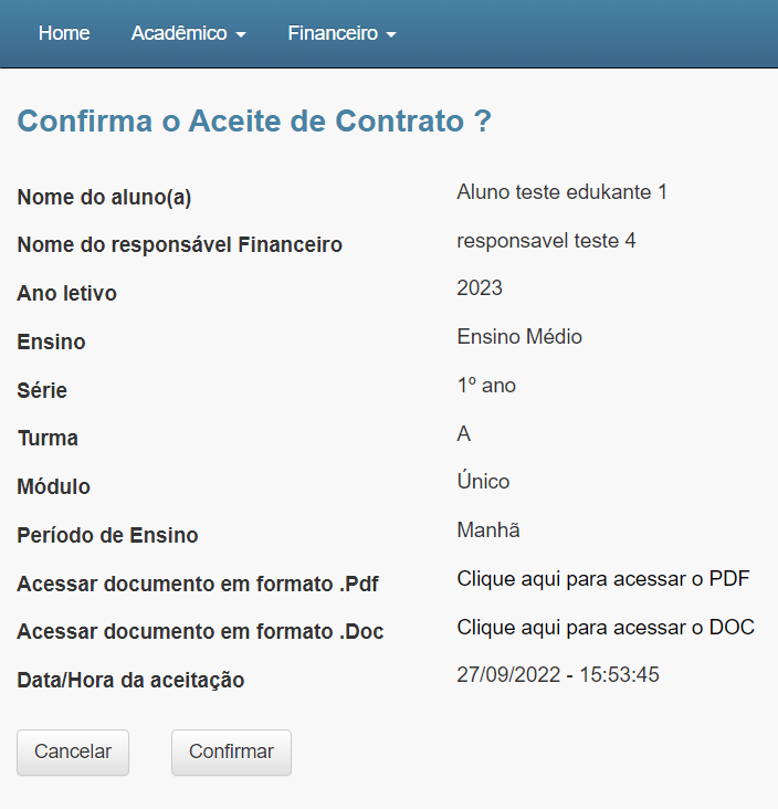 Figura 16. Responsável tem acesso ao contrato e registra sua aceitação.