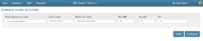 Figura 32. sistema de gestão escolar. Aluno ou responsável realiza cadastro do token do cartão de crédito para cobranças futuras.