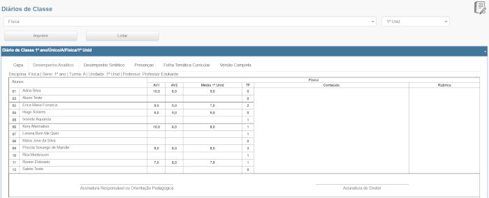 Figura 11.sistema de gestão escolar. Desempenho analítico diário de classe painel do professor.