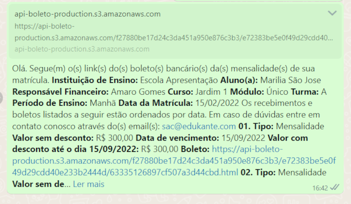 Figura 21. sistema de gestão escolar pode permitir o envio de cobranças de boletos bancários por whatApp.