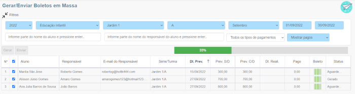 Figura 20. sistema de gestão escolar pode permitir a geração e envio de boletos bancários em massa ou lote.