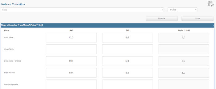 Figura 8. sistema de gestão escolar. Configuração para o lançamento de notas e conceitos.