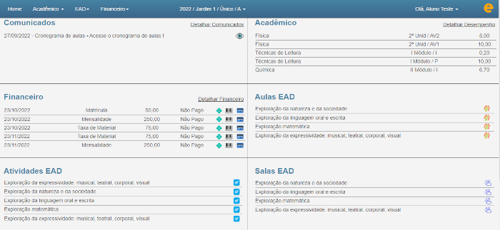 Figura 36. sistema de gestão escolar, painel dos alunos. 