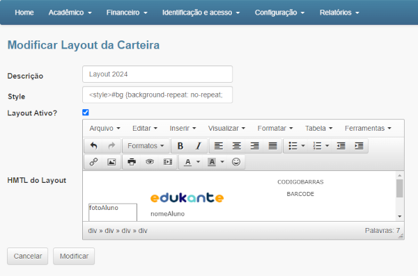 Personalizar layout das carteiras de acesso dos alunos