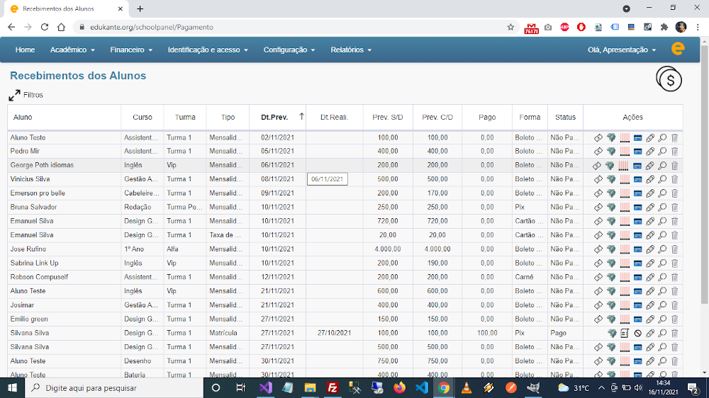 Sistema para Cursos, Controle Financeiro