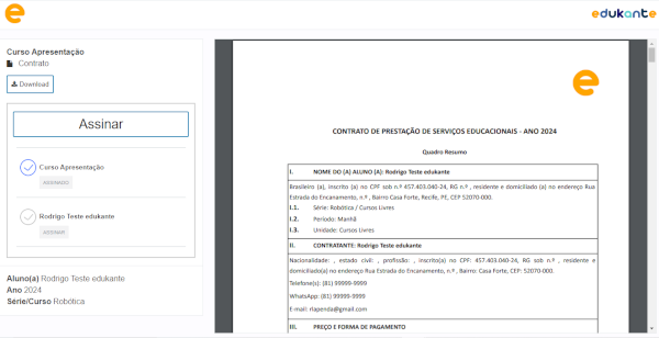 Software para assinatura online contrato escola aluno