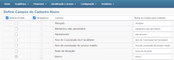 Personalizar quais informações dos alunos se deseja gerenciar